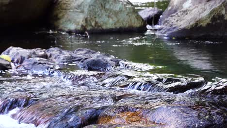 Sunlight-gleaming-on-clear-flowing-water-of-rocky-stream,-close-up