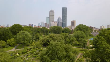 Low-Aerial-Shot-of-Boston-Skyline,-Trees-in-Foreground
