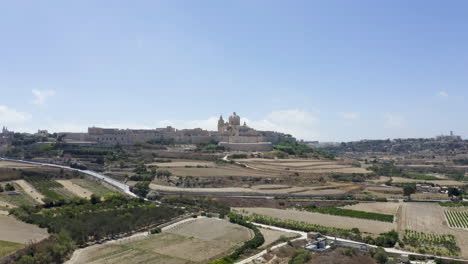 Ländliche-Landschaft-Rund-Um-Die-Stadt-Mdina,-Malta,-Sonniger-Tag,-Luftaufnahme