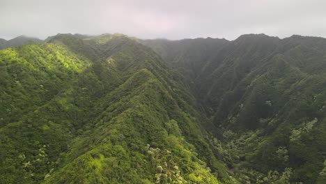 Vista-Aérea-Siguiendo-Un-Valle-En-Hawaii