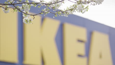 IKEA-Buchstaben-Unscharf-Hinter-Weißen-Kirschblüten