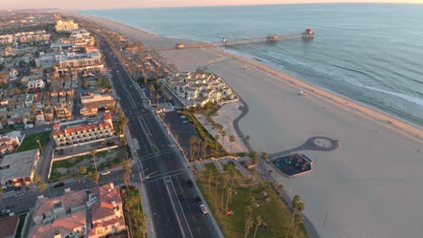 A-drone-glides-high-above-a-downtown-beach-front-luxury-travel-destination