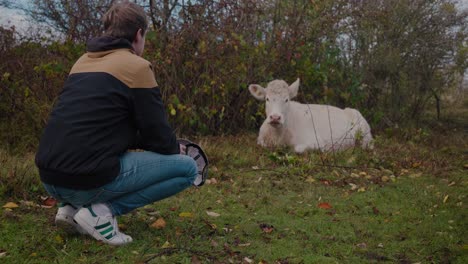 Young-Tall-Guy-Crouches-and-Talks-To-White-Cow-Chilling-on-The-Grass-in-Simrishamn-Vårhallarna-Österlen-Sweden---Static-Wide-Shot