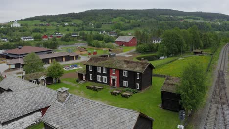 Aerial-view-over-traditional-Norwegian-Houses-in-tynset-town-in-Norway-on-June-25,-2021