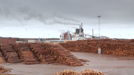 AERIAL-REVEAL-of-a-wood-pulp-factory-and-huge-stacks-of-tree-trunks,-Sweden