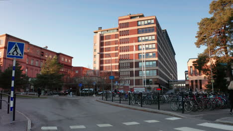 Cinematic-establishing-shot-of-Gavle-hospital-in-the-east-of-Sweden