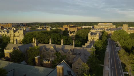 Beautiful-Aerial-Establishing-Shot-of-University-of-Michigan-Campus-in-Ann-Arbor,-Michigan-on-Fall-Morning