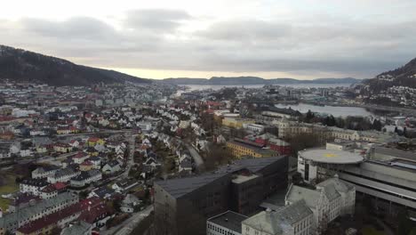 Bergen-city-panoramic-aerial-overview-seen-from-Haukeland-Hospital---Descending-afternoon-aerial-with-fjord-in-background