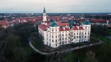 An-aerial-view-of-the-castle-in-Celle,-Germany-on-a-cloudy-day