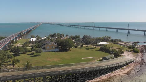 pigeon-key-florida-seven-mile-bridge-old-new-reopened-tropical-vacation-destination-aerial-drone-orbit