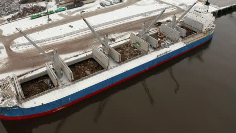 Aerial-view-of-an-empty-cargo-ship-docked-in-port