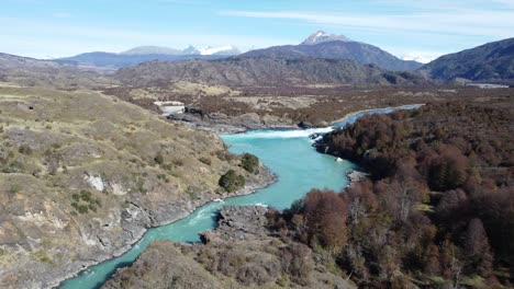 Meeting-of-waters-between-Baker-River-at-Lake-Bertrand-in-Patagonia,-Chile