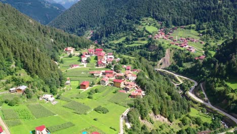aerial-drone-circling-a-village-located-on-the-mountain-cliff-of-Uzungol-Trabzon-on-a-sunny-summer-day-surrounded-by-a-beautiful-mountain-forest