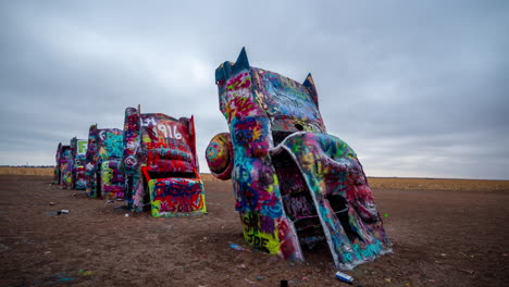 Time-Lapse,-Cadillac-Ranch-Art-Installation,-Painted-Cars-Under-Dramatic-Sky