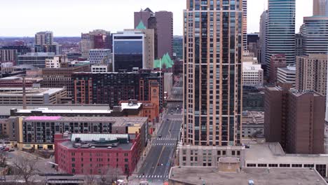 Aerial,-empty-streets-in-downtown-Minneapolis,-Minnesota-during-COVID-pandemic