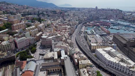 Italian-Port-City-of-Genoa---Aerial-Panning-Establishing-Shot