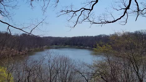 Large-Lake-in-Early-Spring-with-Most-Trees-Bare-but-Some-Starting-To-Bud-with-Blue-Skies-and-Sweeps-Left-to-Right