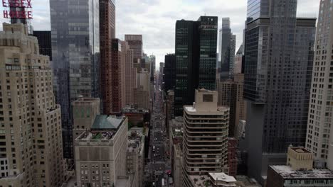 Aerial-view-over-the-7th-avenue,-towards-the-Times-square,-overcast-in-NYC,-USA