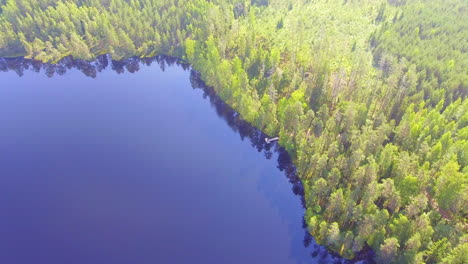 Stunning-aerial-view-of-a-dock-on-a-remote-Finnish-forest-lake-in-misty-sunny-dawn