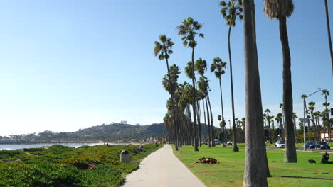 Looking-in-slow-motion-down-a-bike-and-walking-path-along-the-beautiful-sand-beaches-of-Santa-Barbara,-California-lined-with-palm-trees