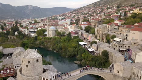 Aerial-shot-of-Stari-Most,-old-bridge,-in-Mostar