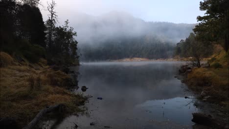 Lagunas-de-Zempoala-with-fog,-lake-with-fog