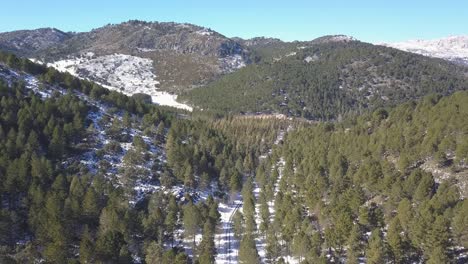 Tiro-Aéreo-Descendente-A-Un-Camino-Nevado-En-Un-Bosque-Mediterráneo-Lleno-De-Pinos