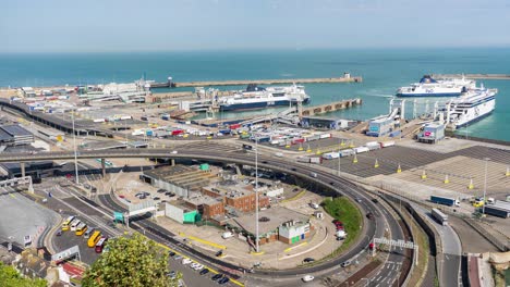Busy-traffic-time-lapse-sequence-of-the-approach-to-the-Port-of-Dover-GBR,-illustrating-the-border-controls-and-customs