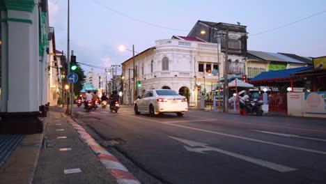 Landscape-slowmotion-view-of-the-phuket-old-town-city-center-with-sino-portuguese-ancient-building---in-evening-time-with-many-car-on-the-street