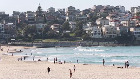 Morning-activity-with-crowds-on-the-shore-of-the-Pacific-Ocean-on-a-beautiful-clear-spring-morning-at-Bondi-Beach-in-Sydney-Australia