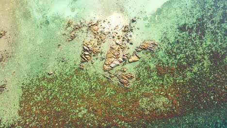 Wunderschöne-Meeresstruktur-Mit-Ausgehöhlten-Klippen-Und-Braunen-Korallenriffen-Unter-Ruhigem,-Klarem-Wasser-Der-Türkisfarbenen-Flachen-Lagune,-Thailand