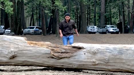 Young-asian-boy-adult--running-and-jumping-over-a-fallen-tree-trunk-in-yosemite-national-park,-california,-usa