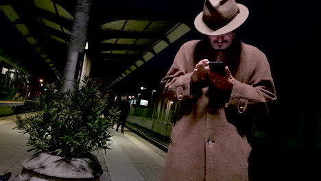 Hombre-Misterioso-Mirando-El-Teléfono-Inteligente-En-La-Plataforma-De-La-Estación-De-Tren