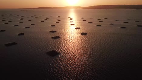 Drone-view-over-mussels-bats-at-sunset-in-Spain
