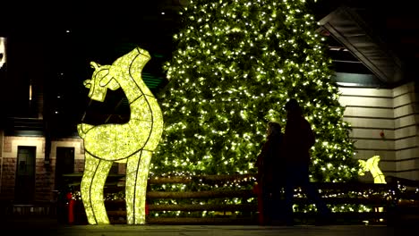 People-walking-in-front-of-holiday-lights-decoration-in-slow-motion