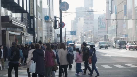 Pedestrians-crossing-the-street-in-the-city-centre-of-Tokyo,-Japan