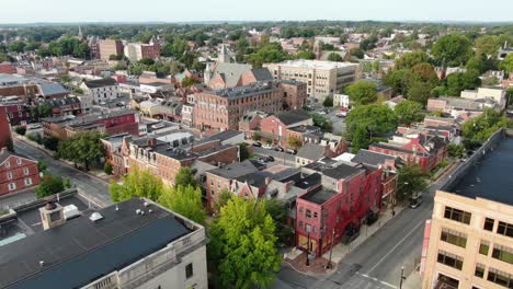 Aerial-establishing-shot-of-boarded-up-buildings-in-Lancaster-PA-USA
