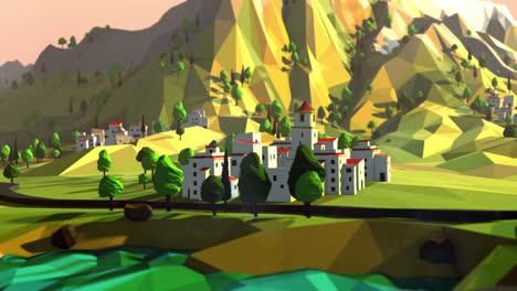 Slow-Tilt-Up-to-Reveal-a-White-Washed-Mediterranean-Village-in-a-Low-Poly-3D-Environment
