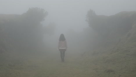 Mujer-Caminando-Hacia-El-Bosque-De-Laurel-Y-Desaparece-En-La-Niebla,-Isla-De-Madeira