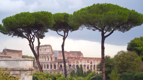 Scenic-exterior-view-of-Rome's-famous-coliseum-with-tall-green-trees-in-foreground-landscape-on-cloudy-day,-Italy,-static