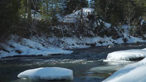 The-icy-white-river-of-Transylvania-by-the-forest-during-winter---wide-pan