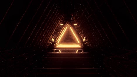 VJ-Loop---Flying-Through-a-Triangular-Low-Resolution-Retro-Tunnel,-with-Glowing-Golden-Neon-Lights