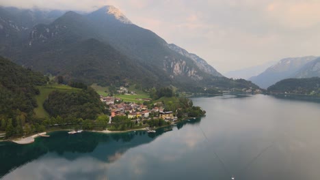 Aerial-view-of-Ledro-with-lake,-Trentino,-Val-di-Ledro-in-North-Italy