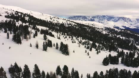 Luftaufnahme-Aus-Der-Vogelperspektive-Eines-Skifahrers,-Der-Während-Covid-19-Auf-Einer-Leeren,-Verschneiten-Piste-Fährt,-Und-Im-Hintergrund-Der-Pale-Di-San-Martino