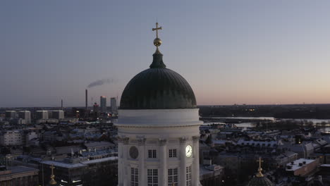 Drone-view-of-the-dome-of-the-Helsinki-cathedral-at-sunset