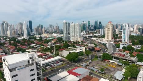Aerial-drone-footage-contrast-between-the-old-residential-area-and-the-modern-buildings-in-Panama-city