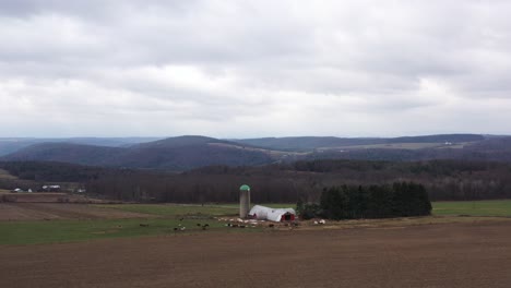 Rising-up-above-fields-looking-at-a-small-farmstead,-with-cattle,-surrounded-by-wide-open-landscape