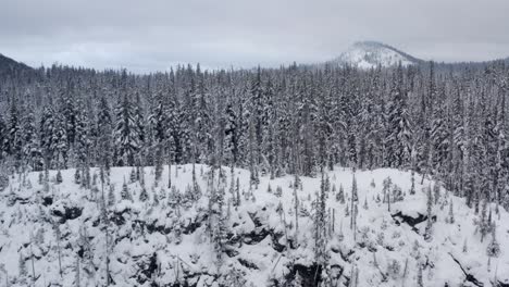 Er-Taucht-über-Einem-Schneebedeckten,-Mit-Felsen-Bedeckten-Hügel-Auf-Und-Offenbart-Eine-Kalte-Und-Friedliche,-Schneebedeckte-Waldszene