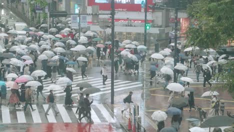 Busy-pedestrians-crossing-the-street-on-a-rainy-day--Tokyo,-Japan--Hyperlapse