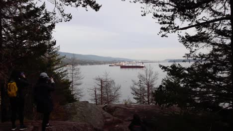 Menschen-Fotografieren-Von-Einer-Klippe-Aus-Frachtschiffe,-Die-Im-Hafen-Ankommen,-Totale